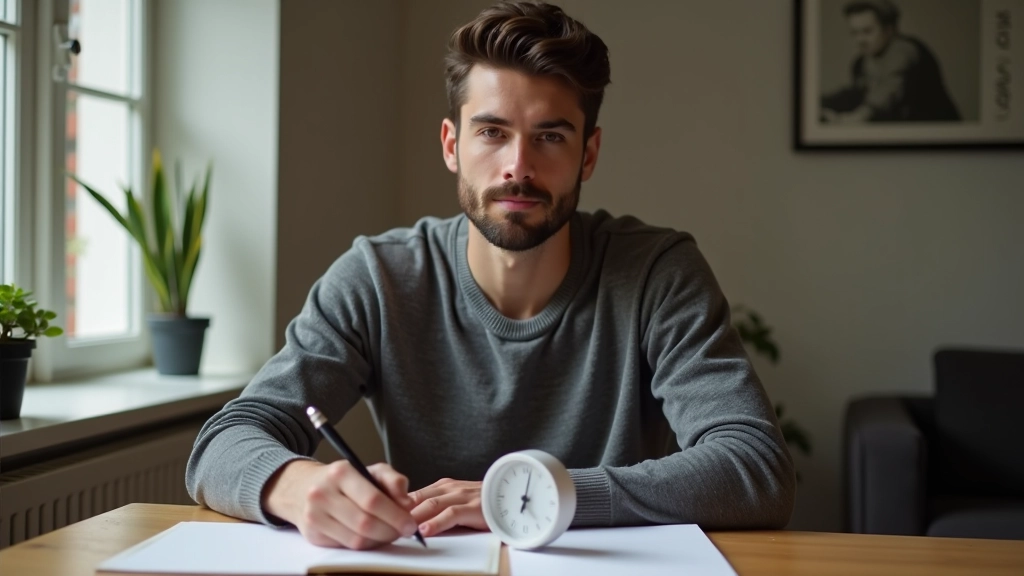 Person focused at desk with timer visible, clean workspace setup with minimal distractions, morning light, concentrated expression