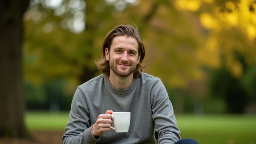 Person taking a break, sitting outside with coffee, relaxed posture, natural outdoor setting with trees and natural light