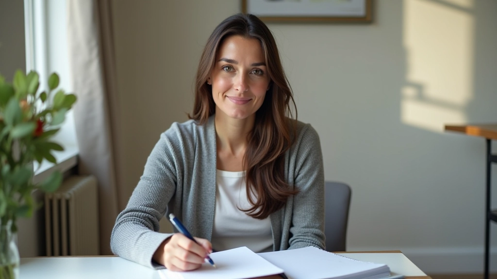 Person at wooden desk with planner, pen, and coffee cup, focused expression, natural morning light streaming through window